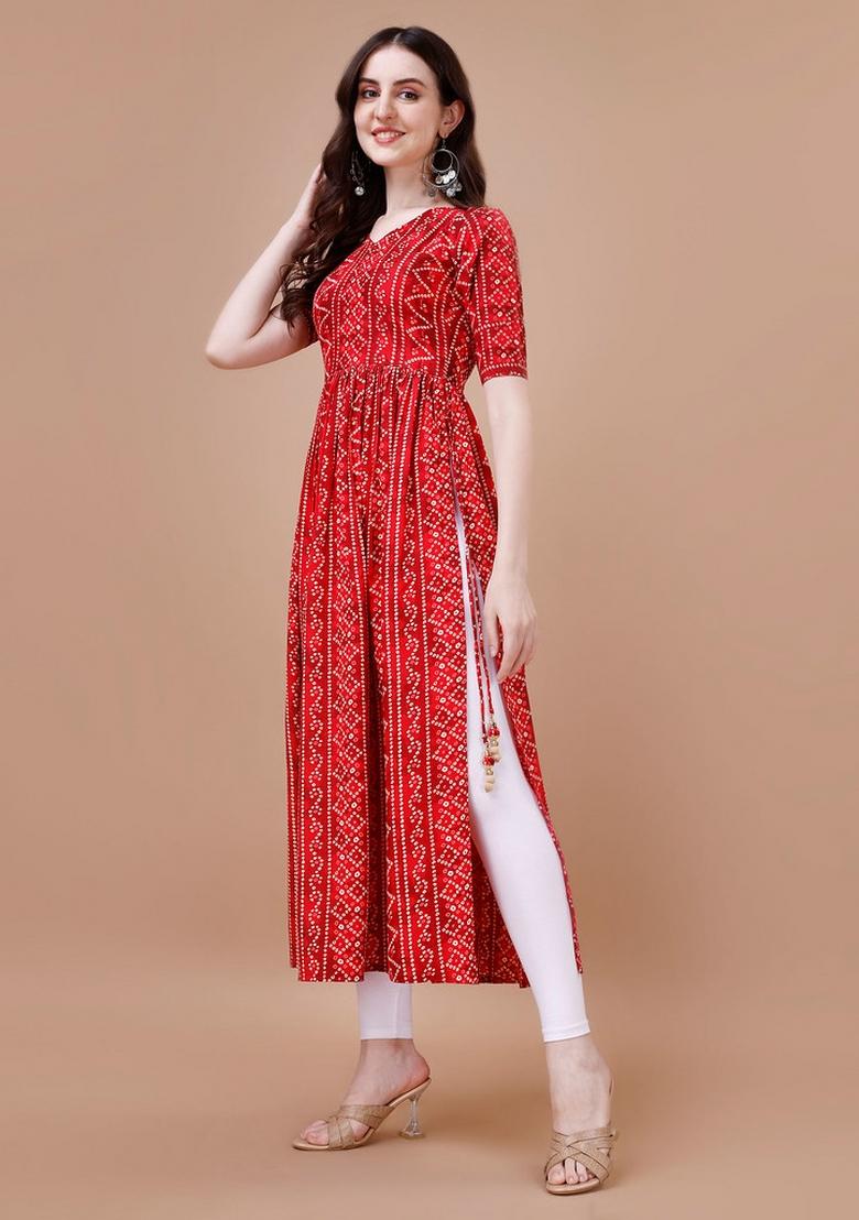 Maroon Printed Rayon Kurti - Indya