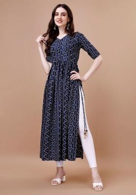 Navy Blue Printed Rayon Kurti