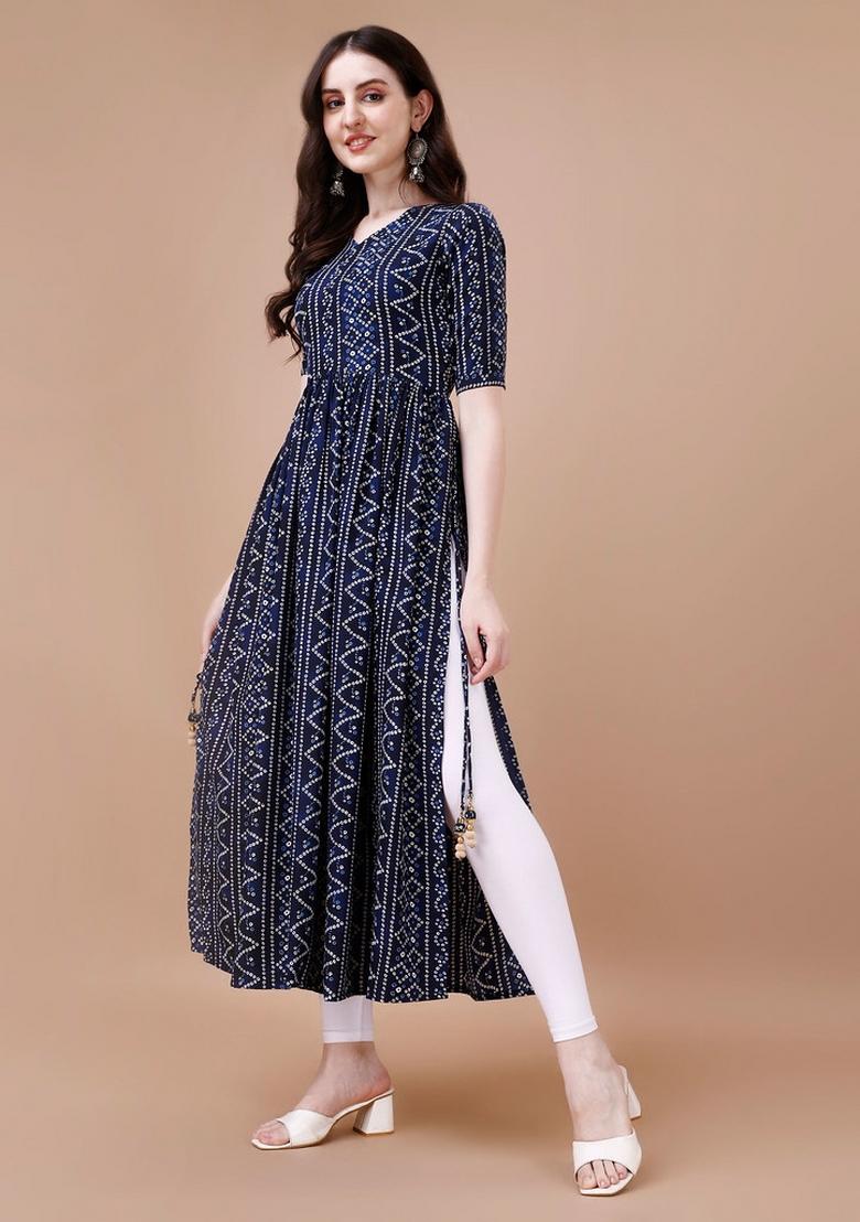 Navy Blue Printed Rayon Kurti - Indya