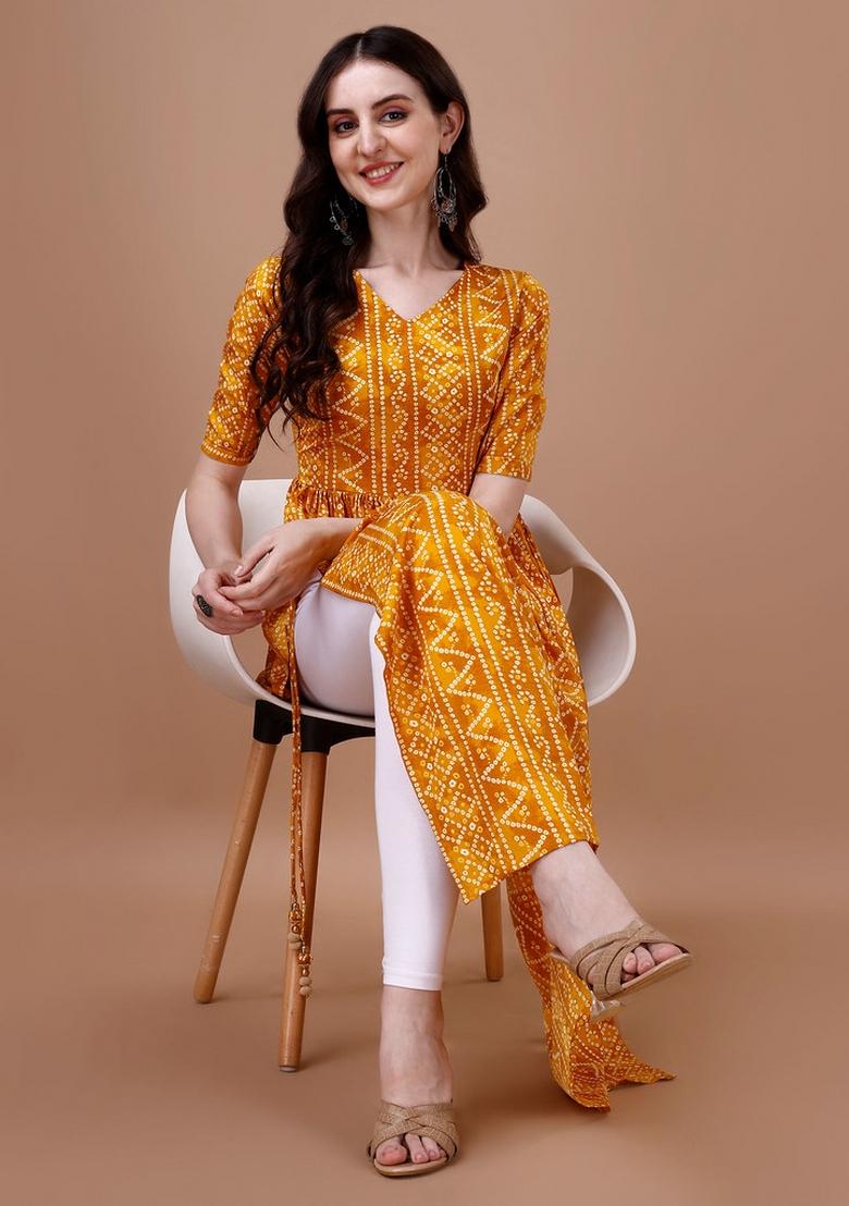 Yellow Printed Rayon Kurti - Indya