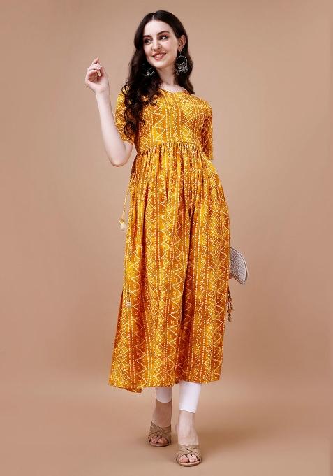 Yellow Printed Rayon Kurti