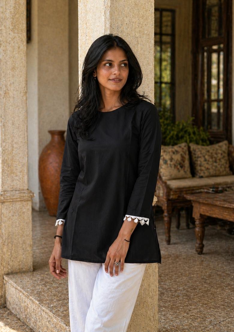Black Fancy Lace Silk Top - Indya