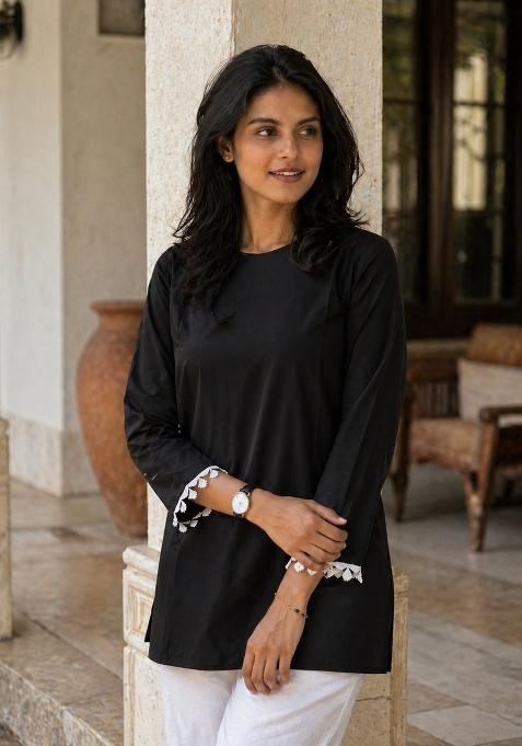 Black Fancy Lace Silk Top