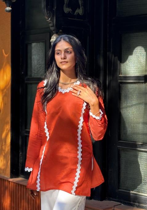 Orange Fancy Lace Silk Top