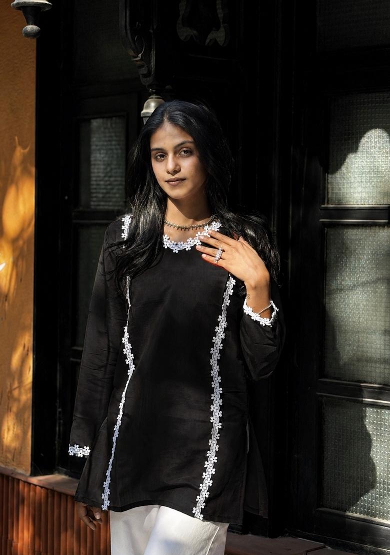 Black Fancy Lace Silk Top - Indya