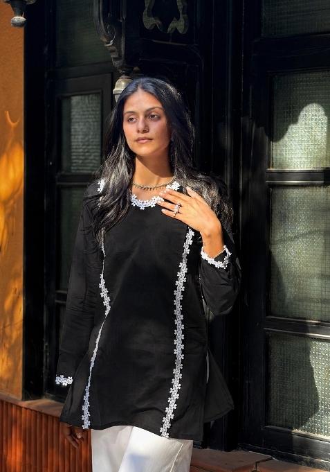 Black Fancy Lace Silk Top