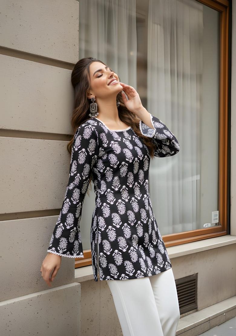 Black Printed Cotton Top - Indya