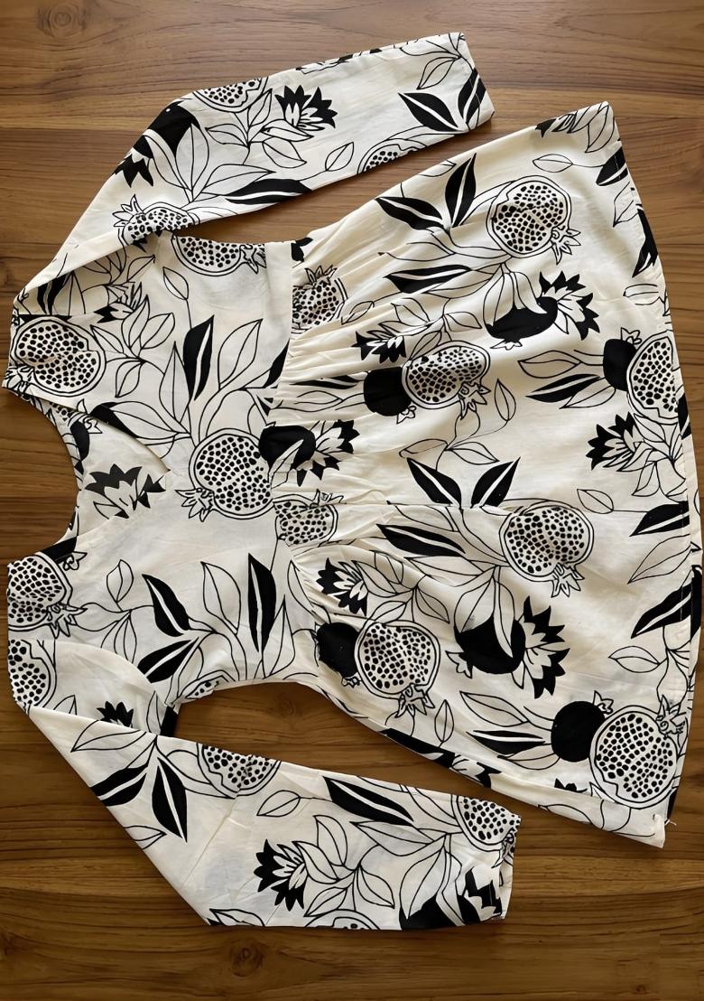 Cream Printed Cotton Top - Indya
