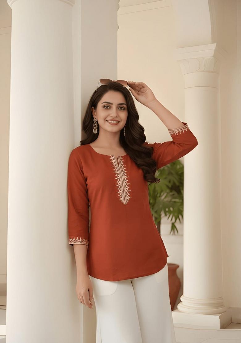 Rust Embroidered Silk Top - Indya