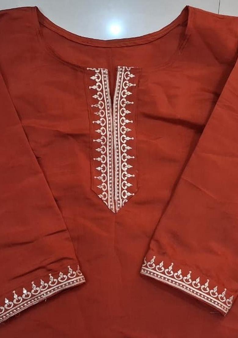 Rust Embroidered Silk Top - Indya