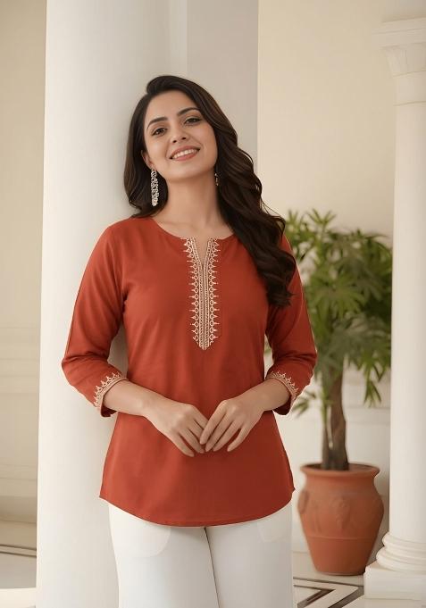 Rust Embroidered Silk Top