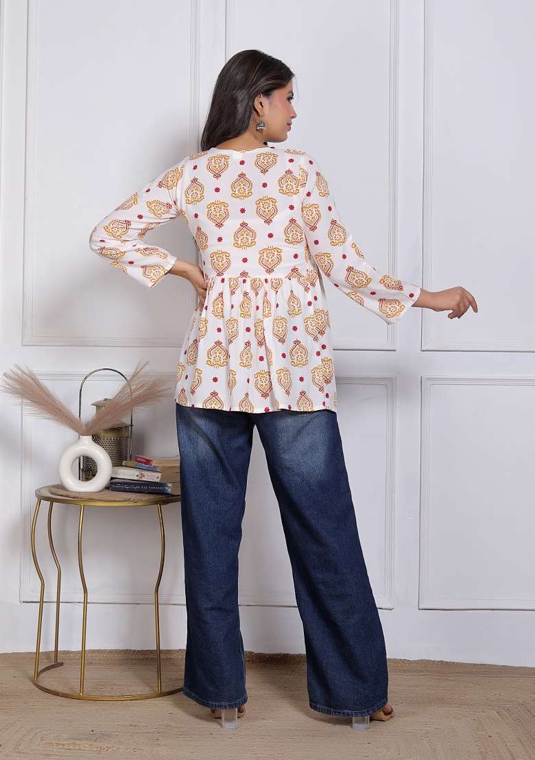 White Printed Rayon Top - Indya