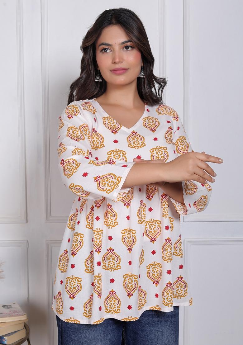 White Printed Rayon Top - Indya
