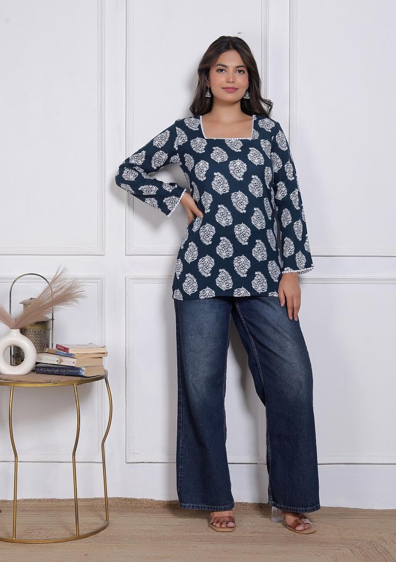 Blue Printed Rayon Top - Indya