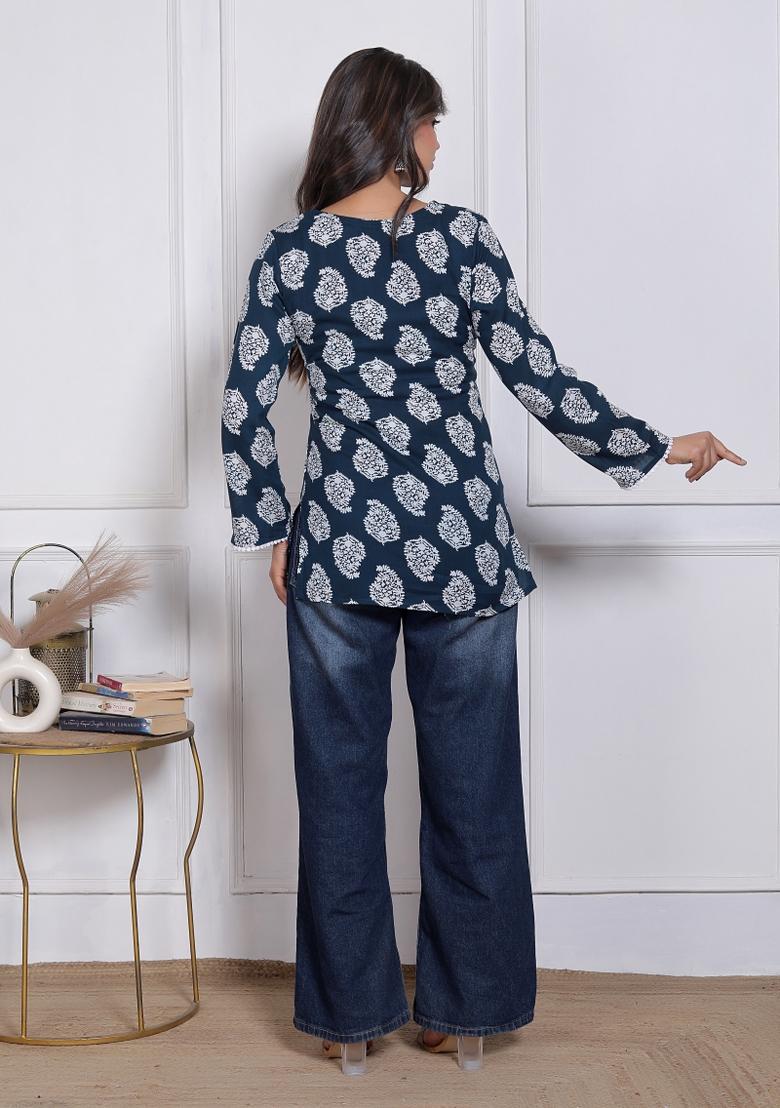Blue Printed Rayon Top - Indya