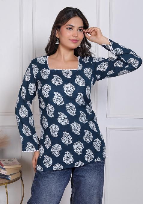 Blue Printed Rayon Top
