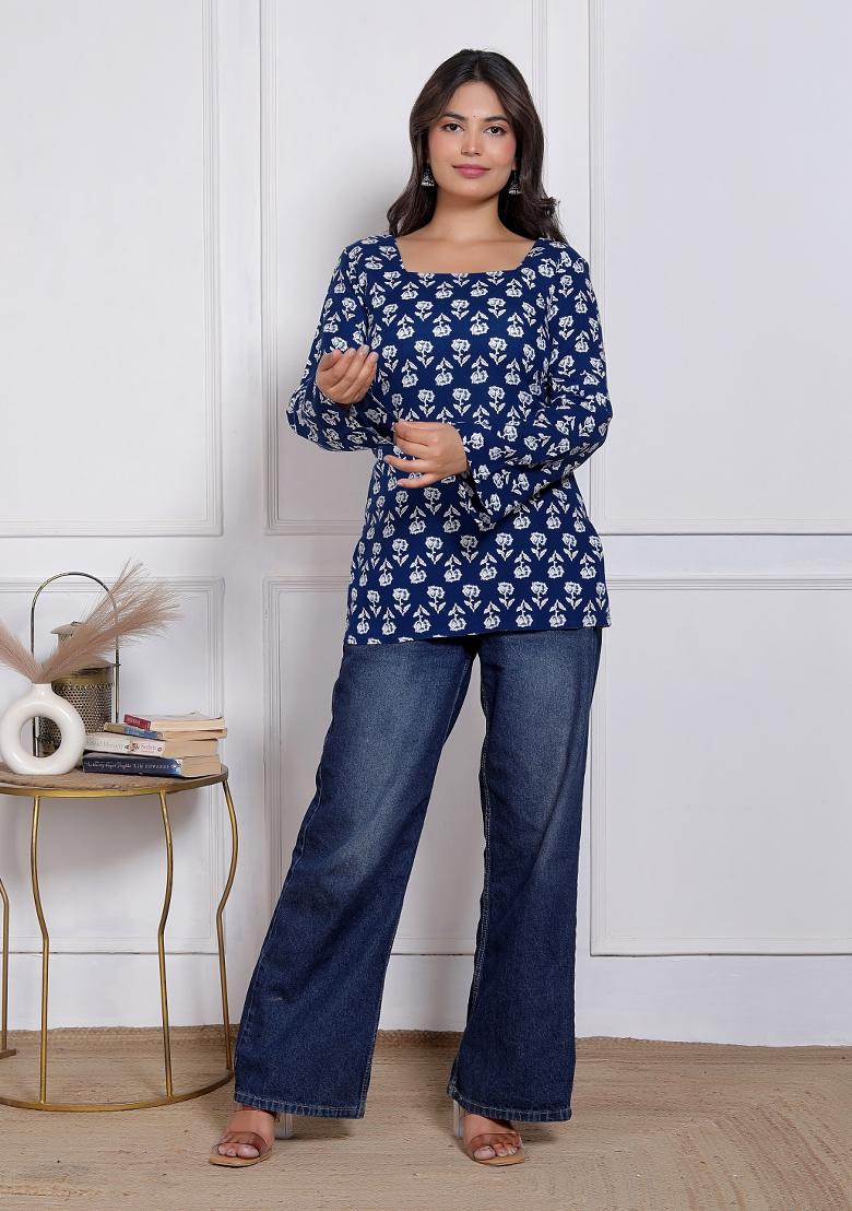 Blue Printed Rayon Top - Indya