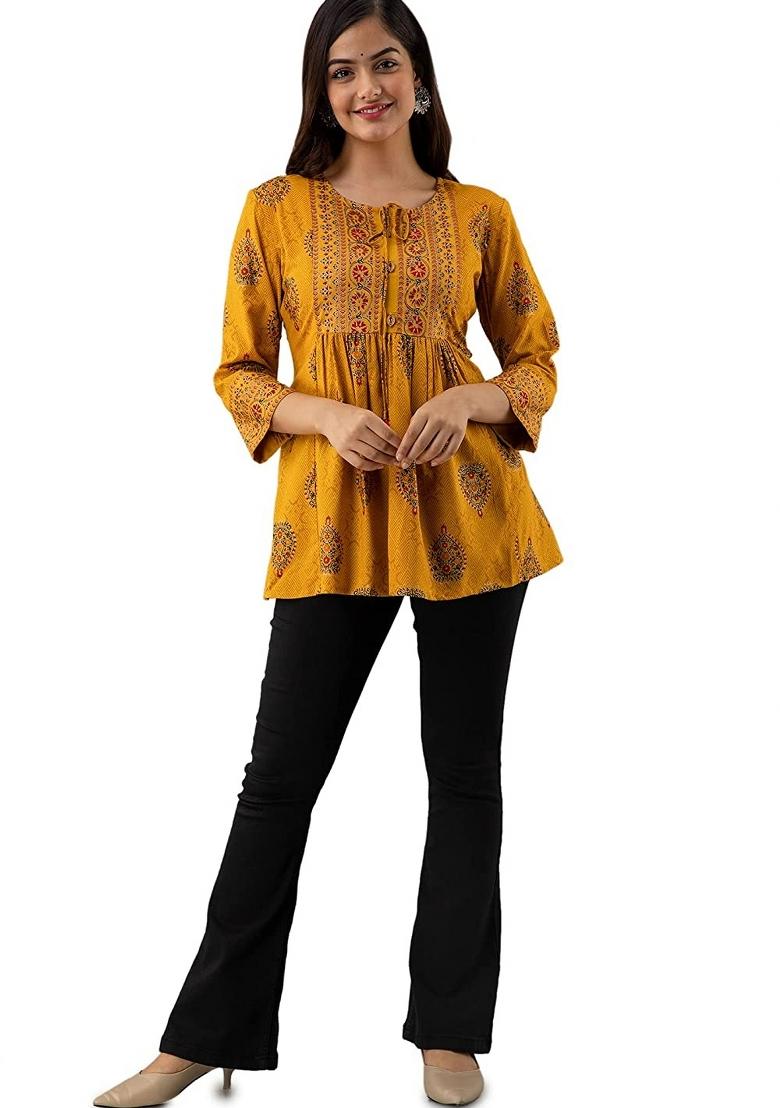 Yellow Printed Rayon Top - Indya