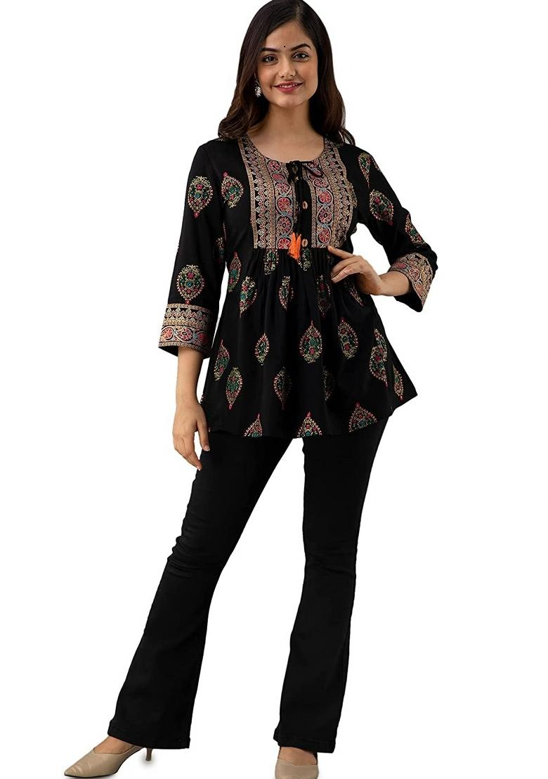 Black Printed Rayon Top - Indya