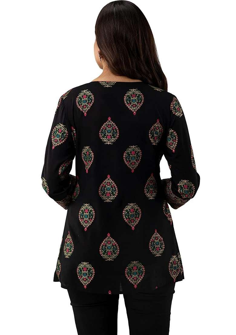 Black Printed Rayon Top - Indya