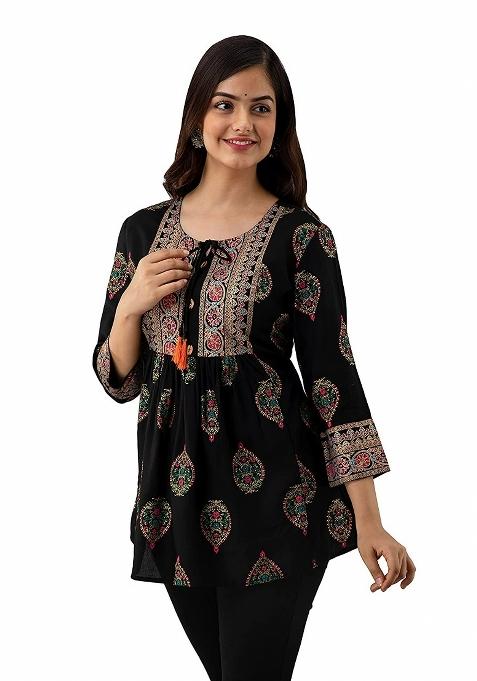 Black Printed Rayon Top