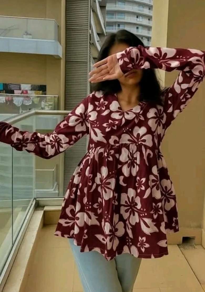 Maroon Printed Rayon Top - Indya