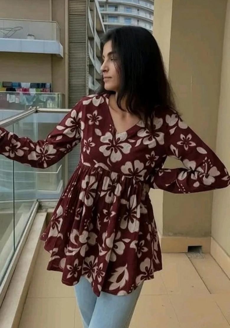 Maroon Printed Rayon Top - Indya