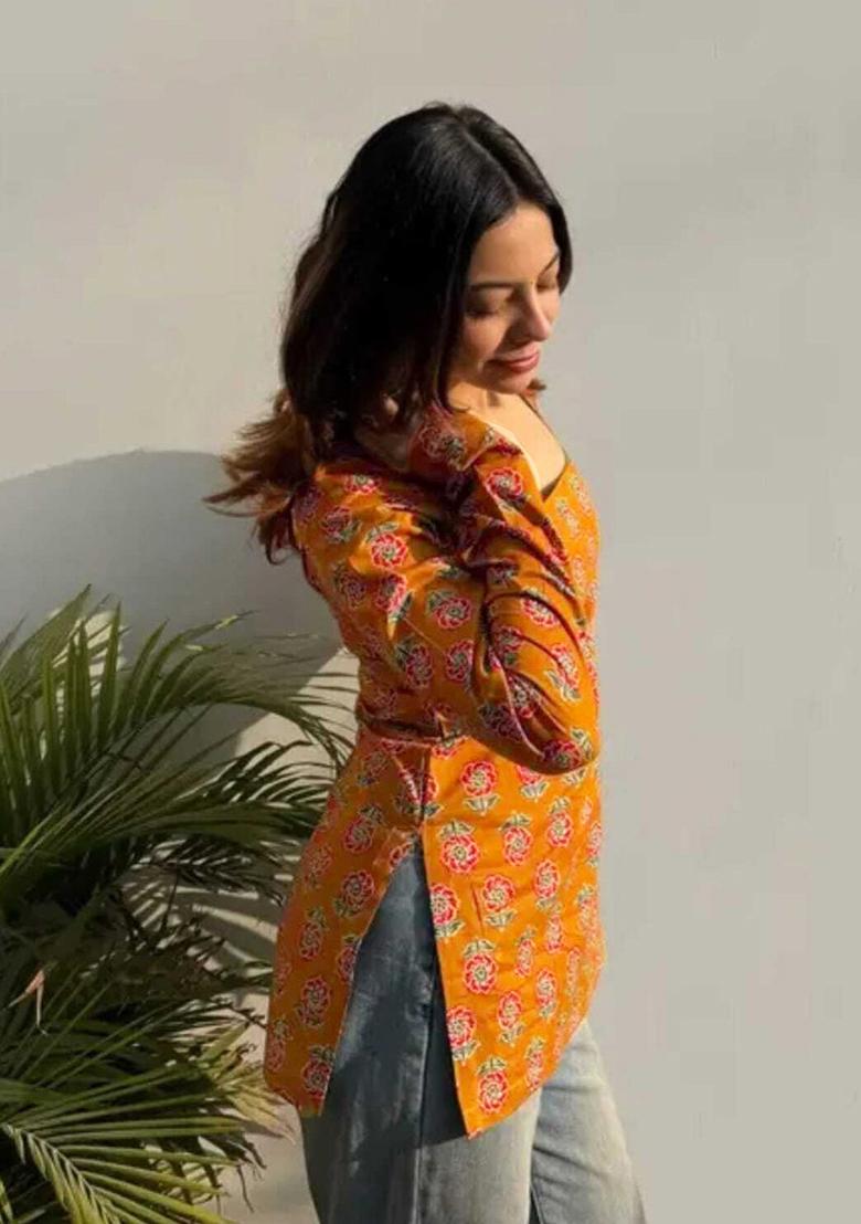 Orange Printed Rayon Top - Indya