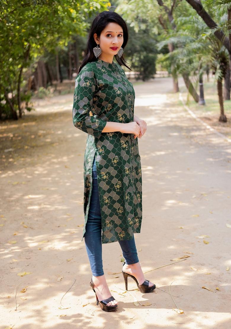 Green Printed Rayon Kurti - Indya