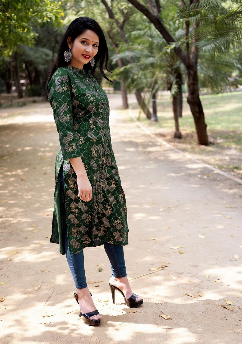Green Printed Rayon Kurti - Indya