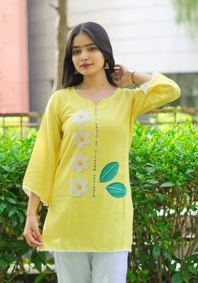 Yellow Printed Rayon Kurta