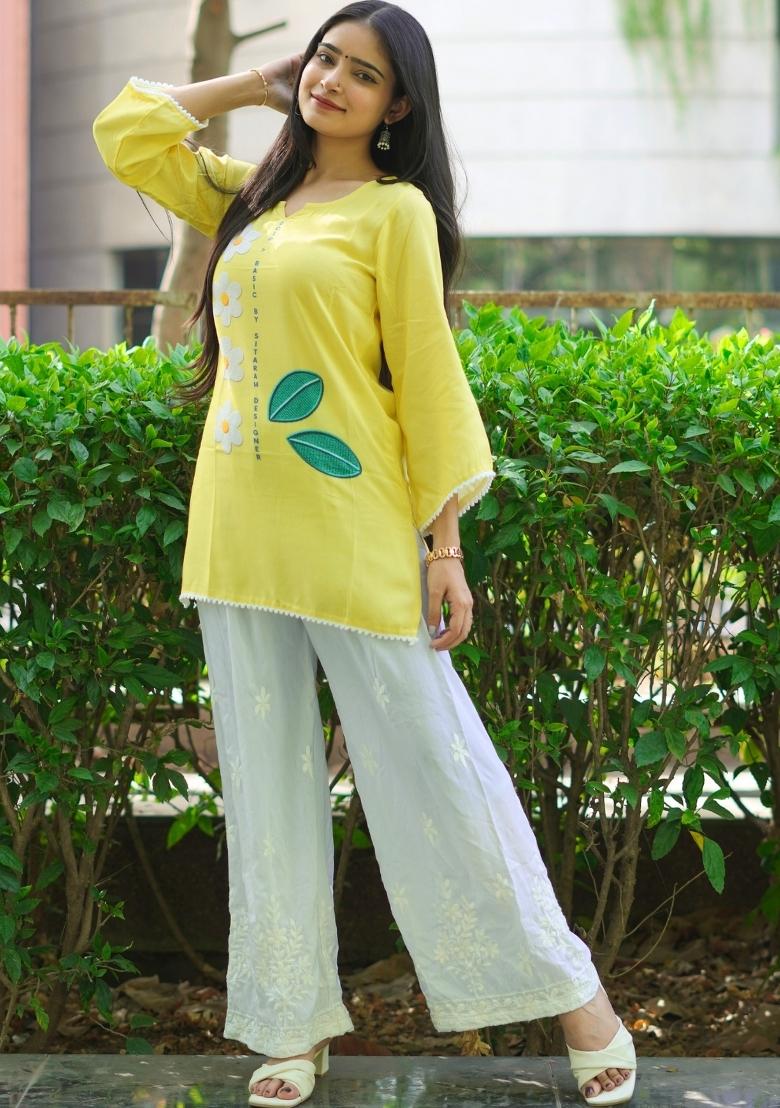 Yellow Printed Rayon Kurta - Indya