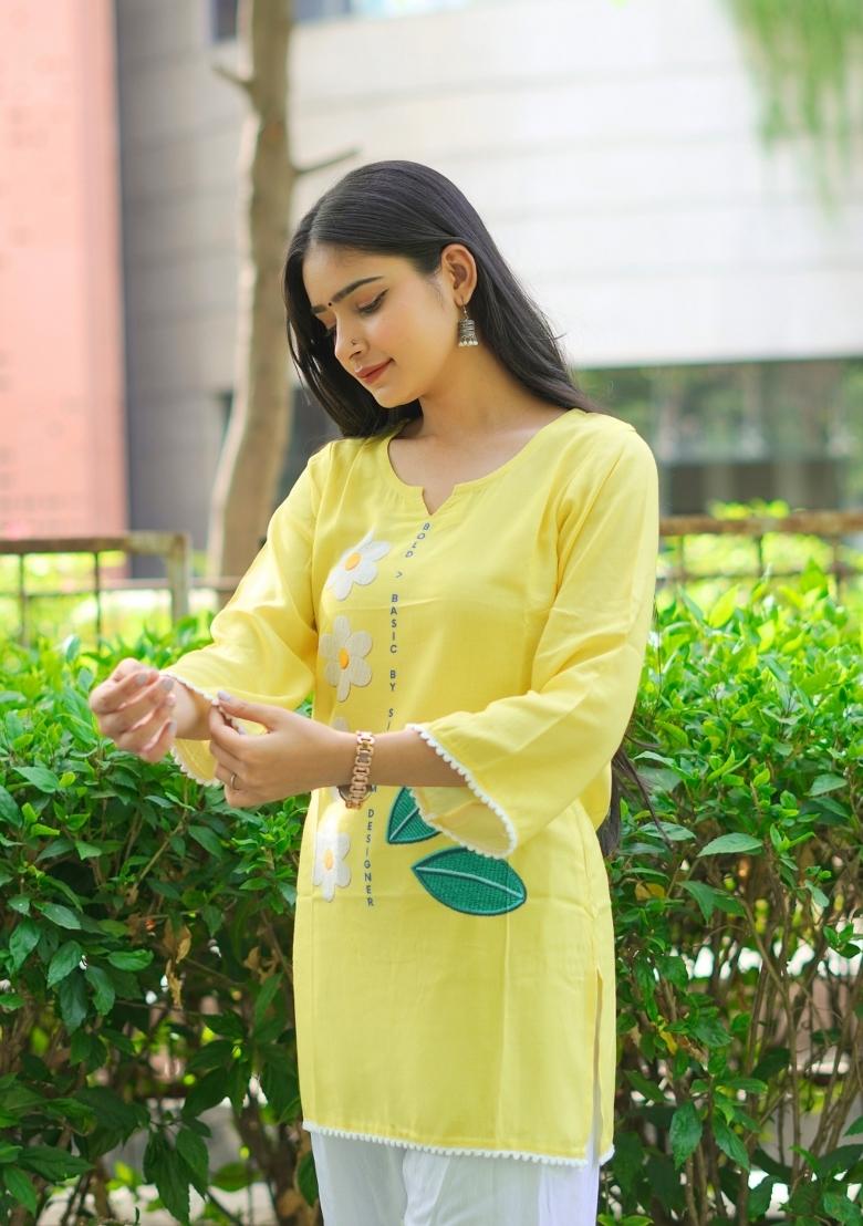 Yellow Printed Rayon Kurta - Indya