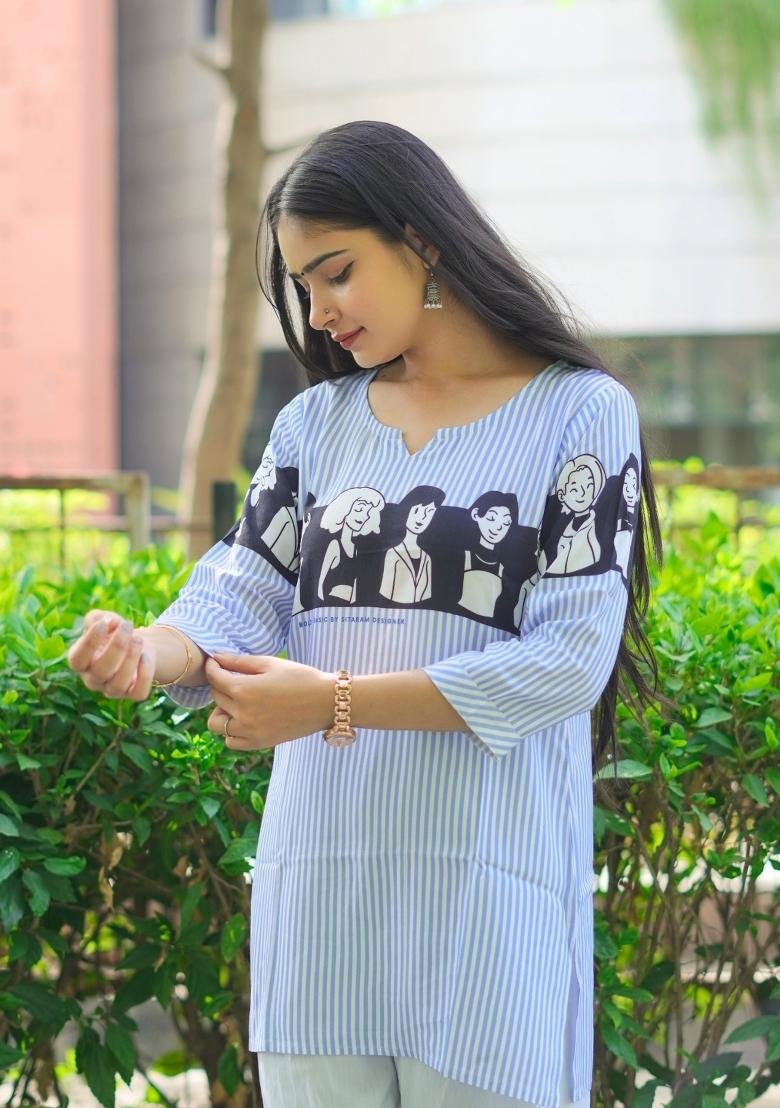 Sky Blue Printed Rayon Kurta - Indya