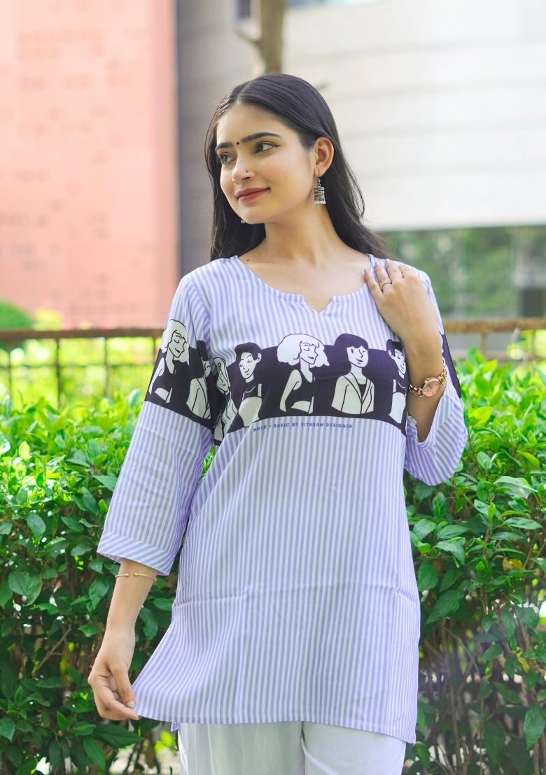 Sky Blue Printed Rayon Kurta - Indya