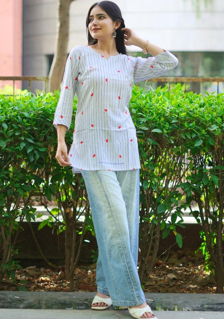 Sky Blue Printed Rayon Kurta - Indya