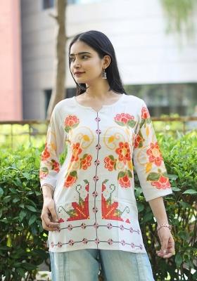 White Printed Rayon Kurta