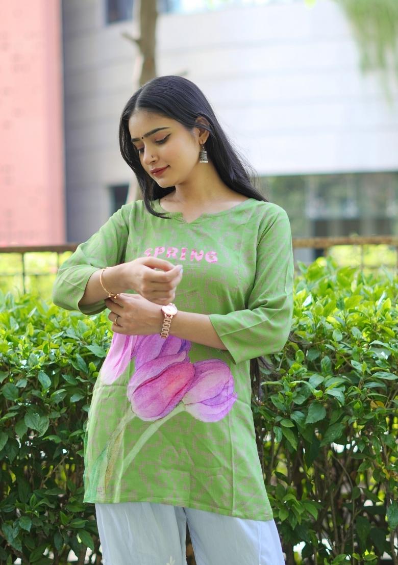 Green Printed Rayon Kurta - Indya