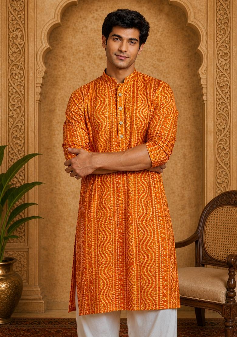 Mustard Printed Viscose Kurta - Indya