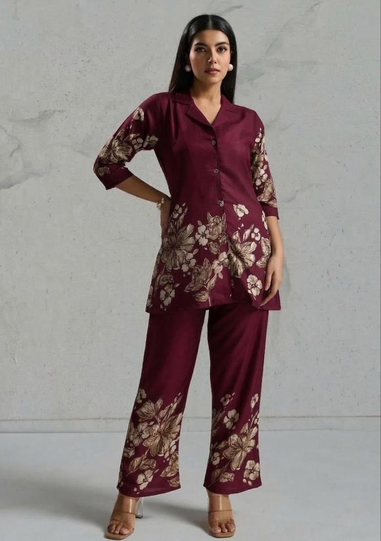 Wine Printed Viscose Co Ord Set - Indya