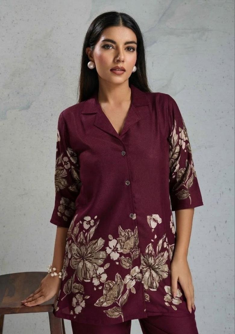 Wine Printed Viscose Co Ord Set - Indya