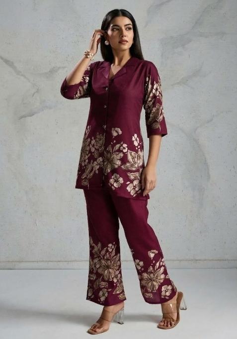 Wine Printed Viscose Co Ord Set