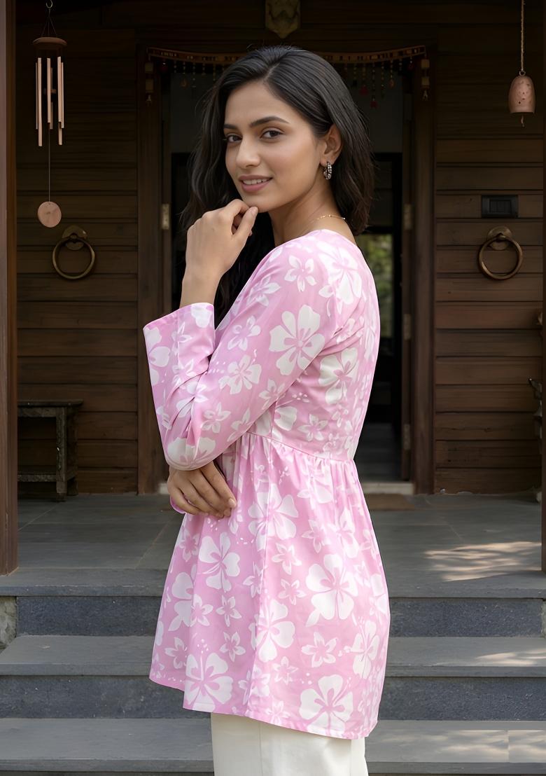 Pink Printed Cotton Tunic - Indya