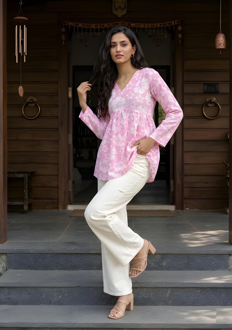 Pink Printed Cotton Tunic - Indya