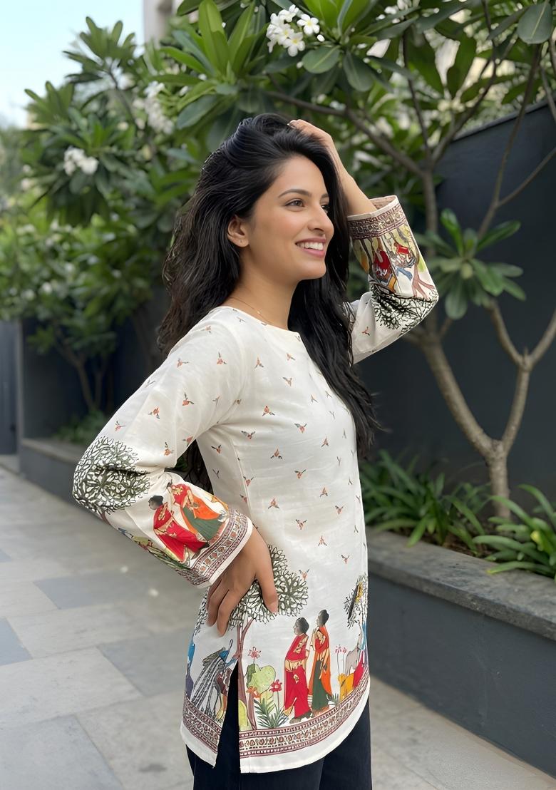 Off White Printed Cotton Tunic - Indya