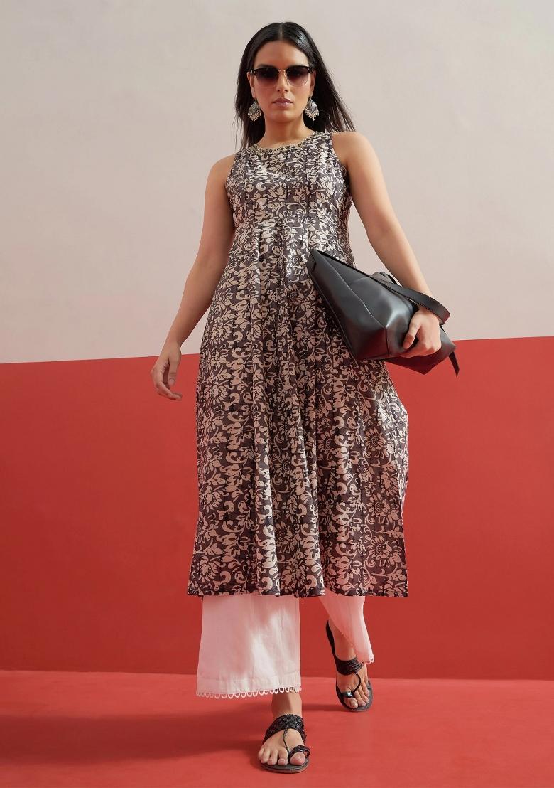 Grey Printed Cotton Kurta - Indya