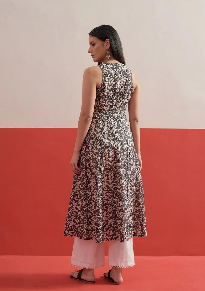 Grey Printed Cotton Kurta - Indya
