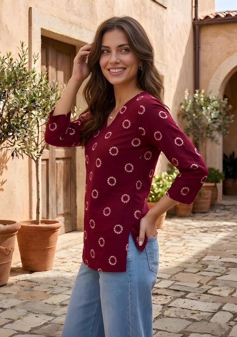 Maroon Printed Cotton Tunic - Indya
