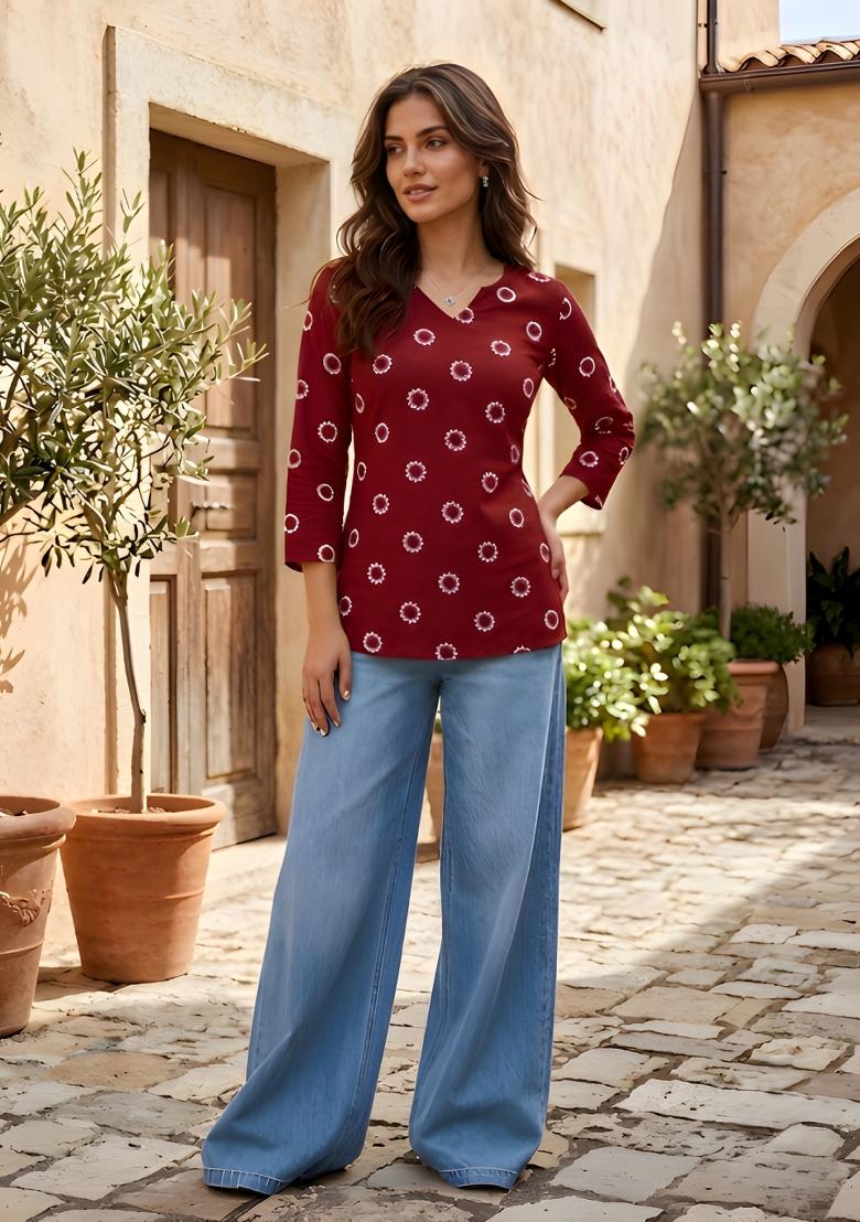 Maroon Printed Cotton Tunic - Indya