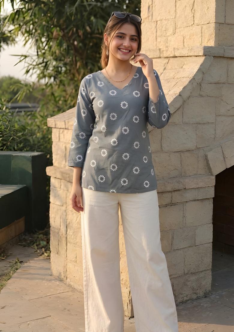 Grey Printed Cotton Tunic - Indya
